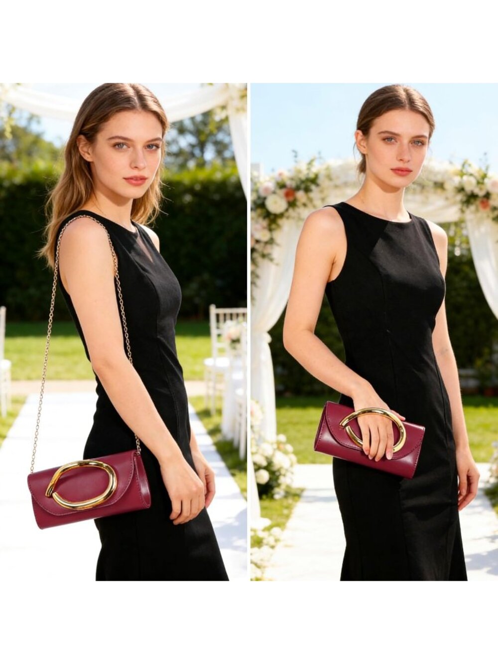 Women's Burgundy Metal Handle Bag Evening Clutch Purse Detachable Chain Strap - Picture 3 of 7